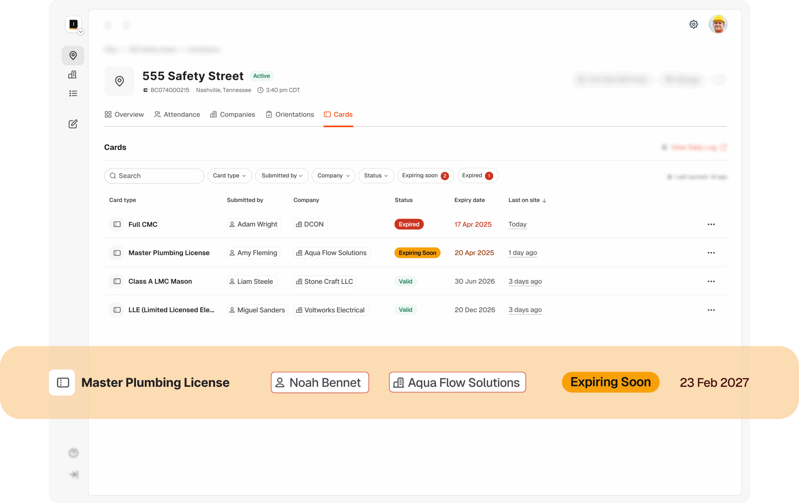Cards View Expiring Soon • Construction OSH Safety & Health Compliance Software Program